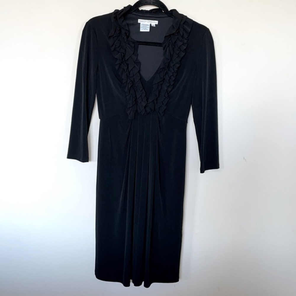 MAGGY LONDON Ruffled V-Neck Black Midi Dress Size 4